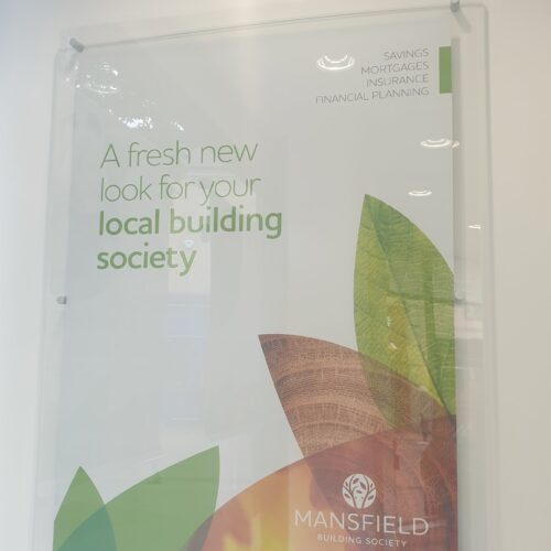Mansfield Building Society indoor glass signage
